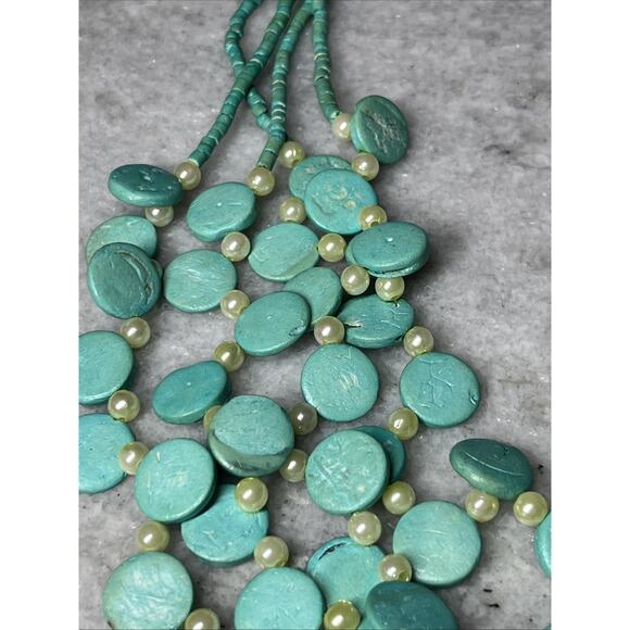 Turquoise Tone Cascade Necklace 4 Strand Layered Discs Beaded Faux Pearl Jewelry - Picture 5 of 8